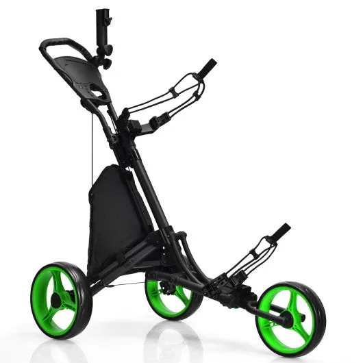 Folding 3 Wheels Golf Push Cart with Bag Scoreboard Adjustable Handle-Green