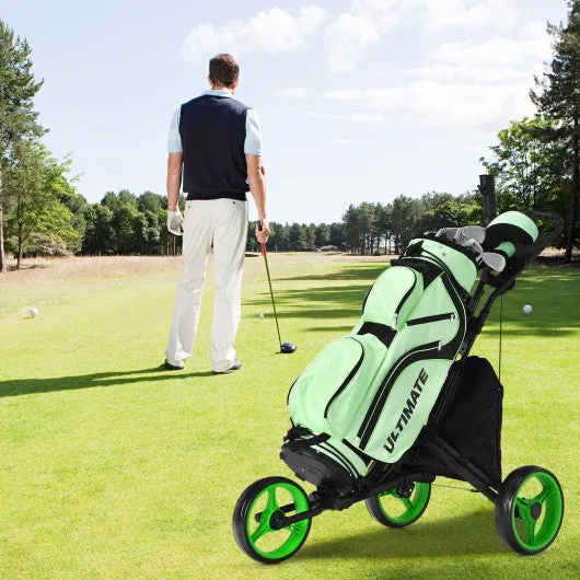 Folding 3 Wheels Golf Push Cart with Bag Scoreboard Adjustable Handle-Green