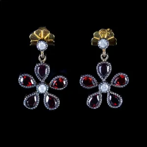 Garnet Diamond Floral Earrings Silver 18Ct Gold