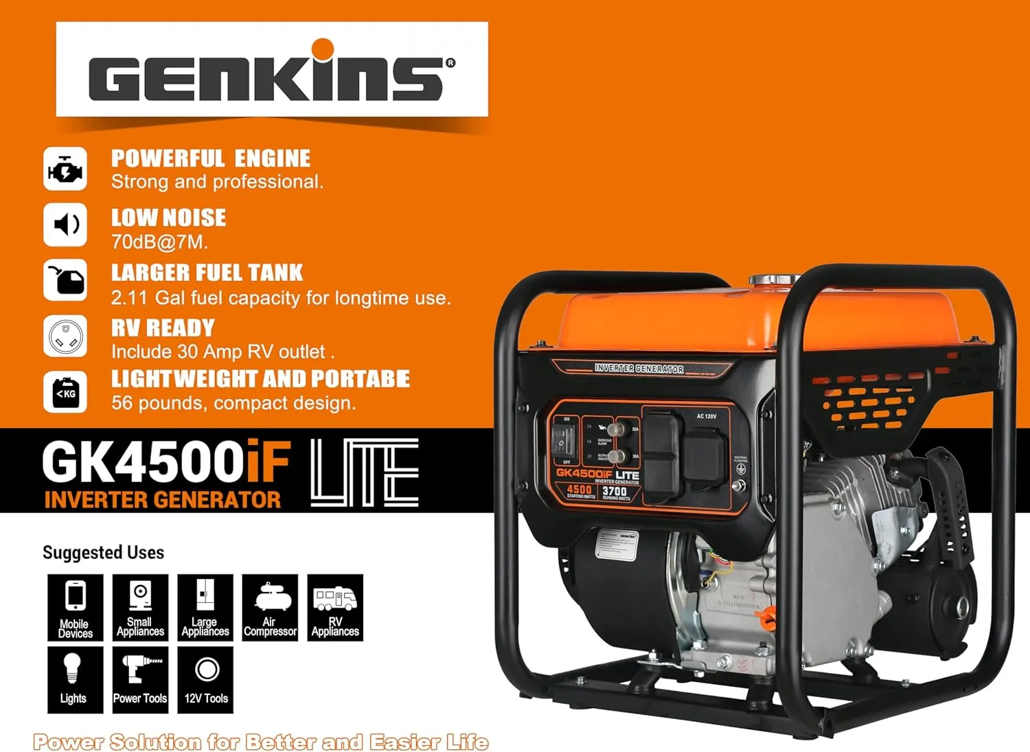 Genkins GK4500IF-LITE 3700W/4500W Gas Inverter Generator Open Frame EPA Complied New