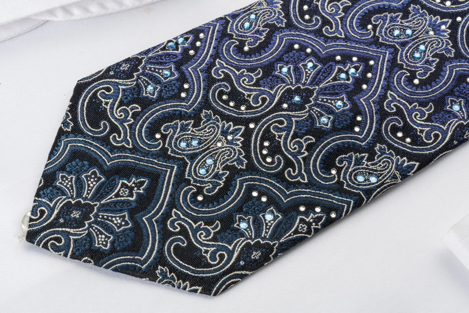 Grang Cia Silk Rhinestone Necktie Damask On Blue With Silver Sparkles