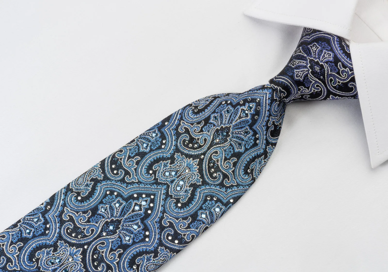 Grang Cia Silk Rhinestone Necktie Damask On Blue With Silver Sparkles