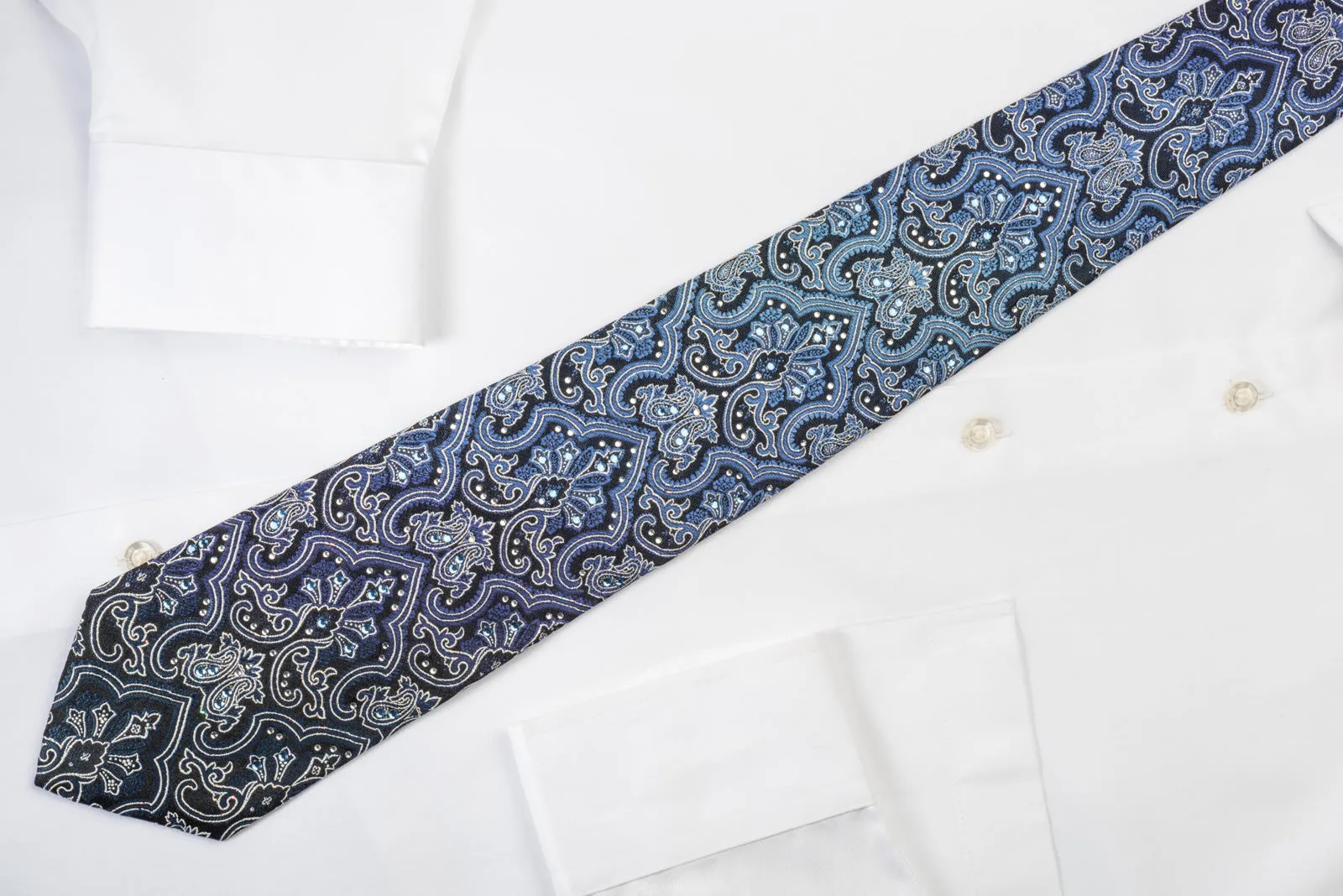 Grang Cia Silk Rhinestone Necktie Damask On Blue With Silver Sparkles