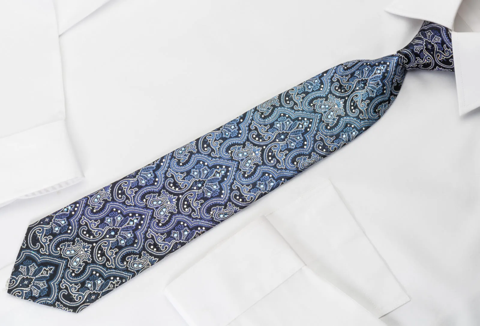 Grang Cia Silk Rhinestone Necktie Damask On Blue With Silver Sparkles