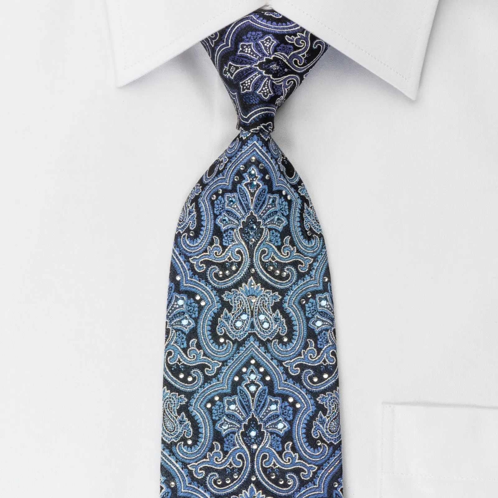 Grang Cia Silk Rhinestone Necktie Damask On Blue With Silver Sparkles