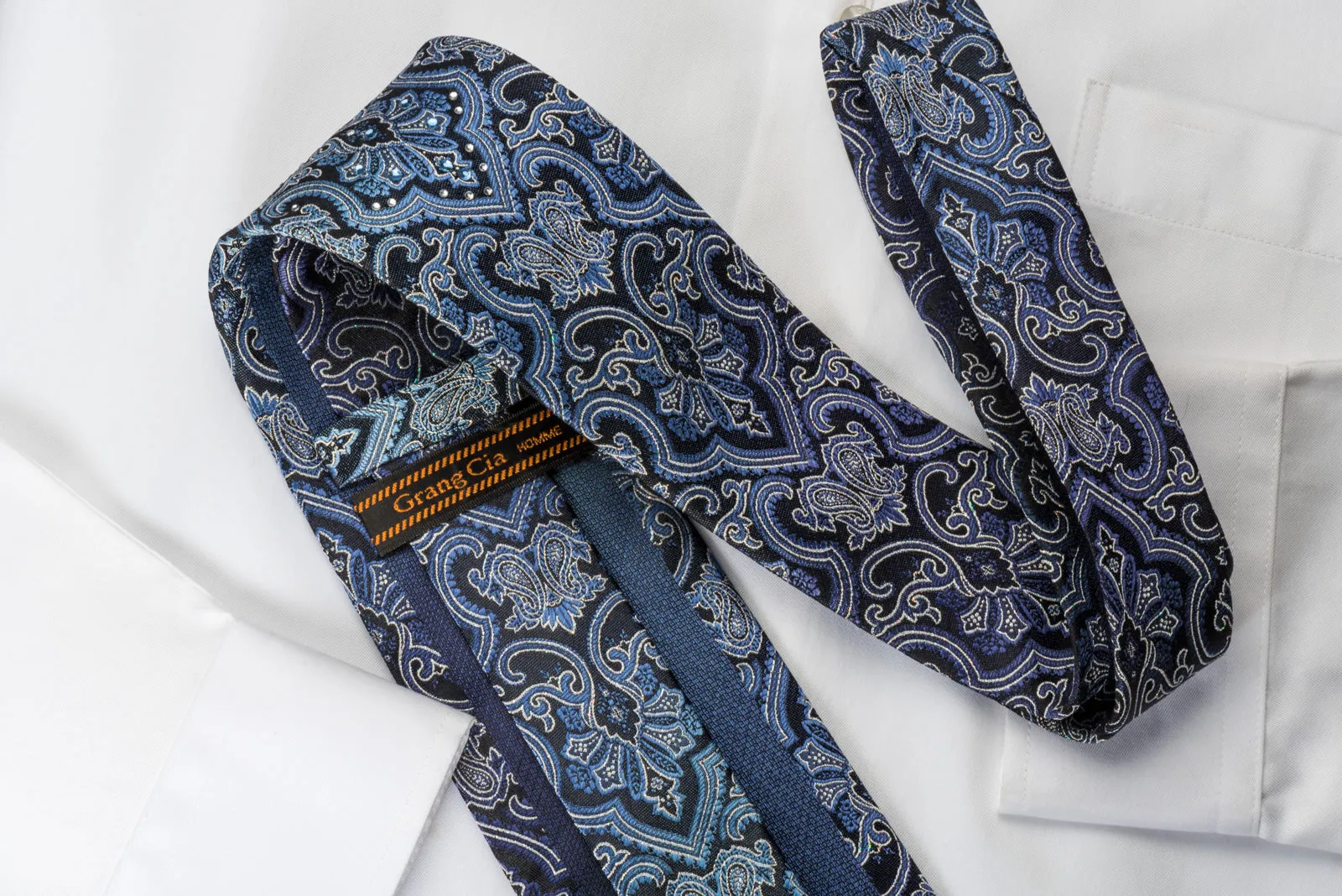 Grang Cia Silk Rhinestone Necktie Damask On Blue With Silver Sparkles