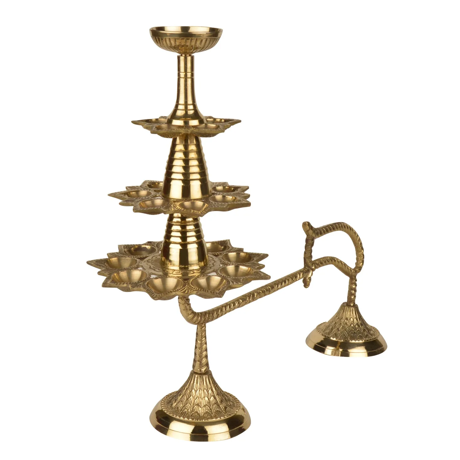 Handcrafted Pure Brass Ganga Aarti Pooja Diya with Handle 4 Tier 21 Wicks