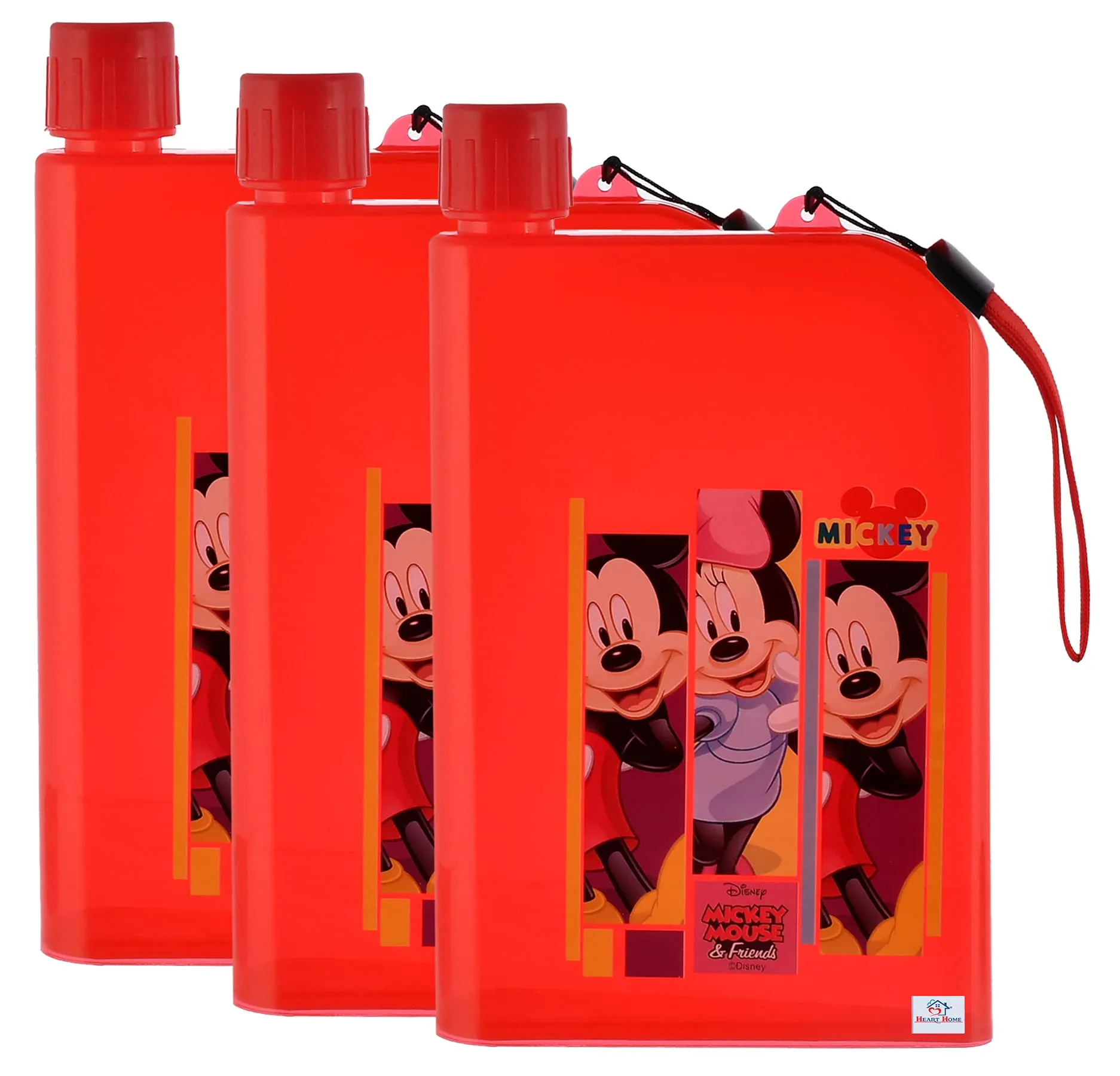 Heart Home Mickey Printed Lightweight,Portable Plastic Notebook Water Bottle For School Activity Outdoor Sports-700ml, Pack of 3 (Red)