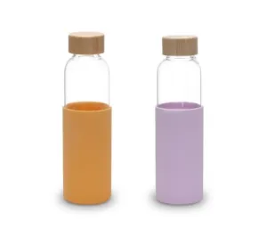 Homestic Water Bottle | Glass Bottle | Sleeve Protection Bottle | Bamboo Lid Water Bottle | Travel Round Bottle | XB5501-PURP-XB5501-YEL | 550 ML | Set of 2 | Purple-Yellow