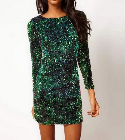 HOT GREEN SHINING SEQUINS SHINING LONG SLEEVE DRESS ELEGANT DRESS