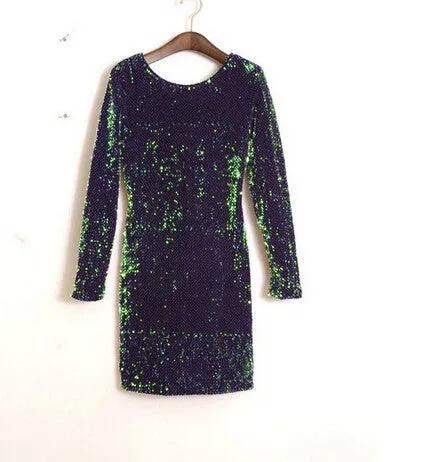 HOT GREEN SHINING SEQUINS SHINING LONG SLEEVE DRESS ELEGANT DRESS