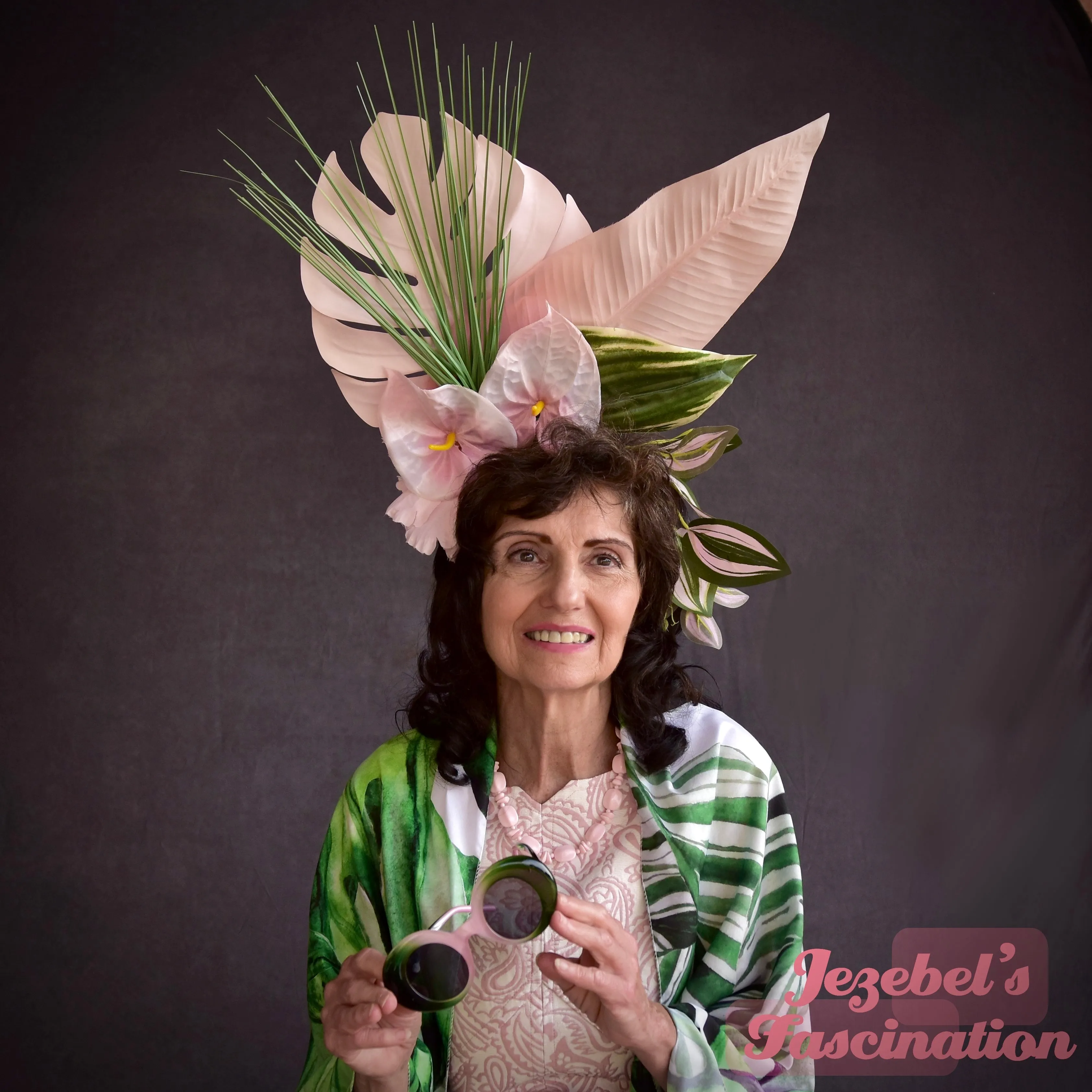 Large Pink Tropical Headpiece, Tiki Floral Headdress, Green Leaves Foliage Exotic Garden Headband, Hawaiian Oasis Anthurium Flowers Jungle Empress Queen Hukilau Luau Hibiscus Rainforest Monstera Caribbean Cruise Hand Made