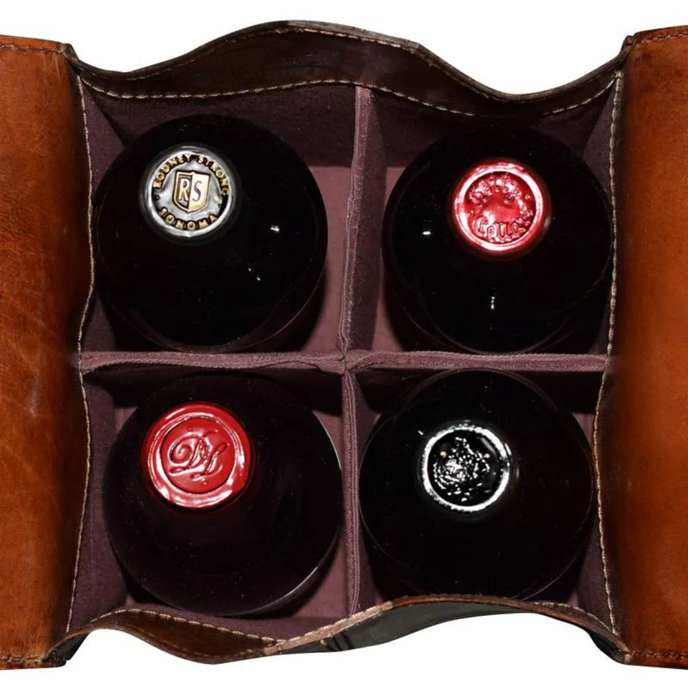 Leather Wine Bag Brown 4 Bottle