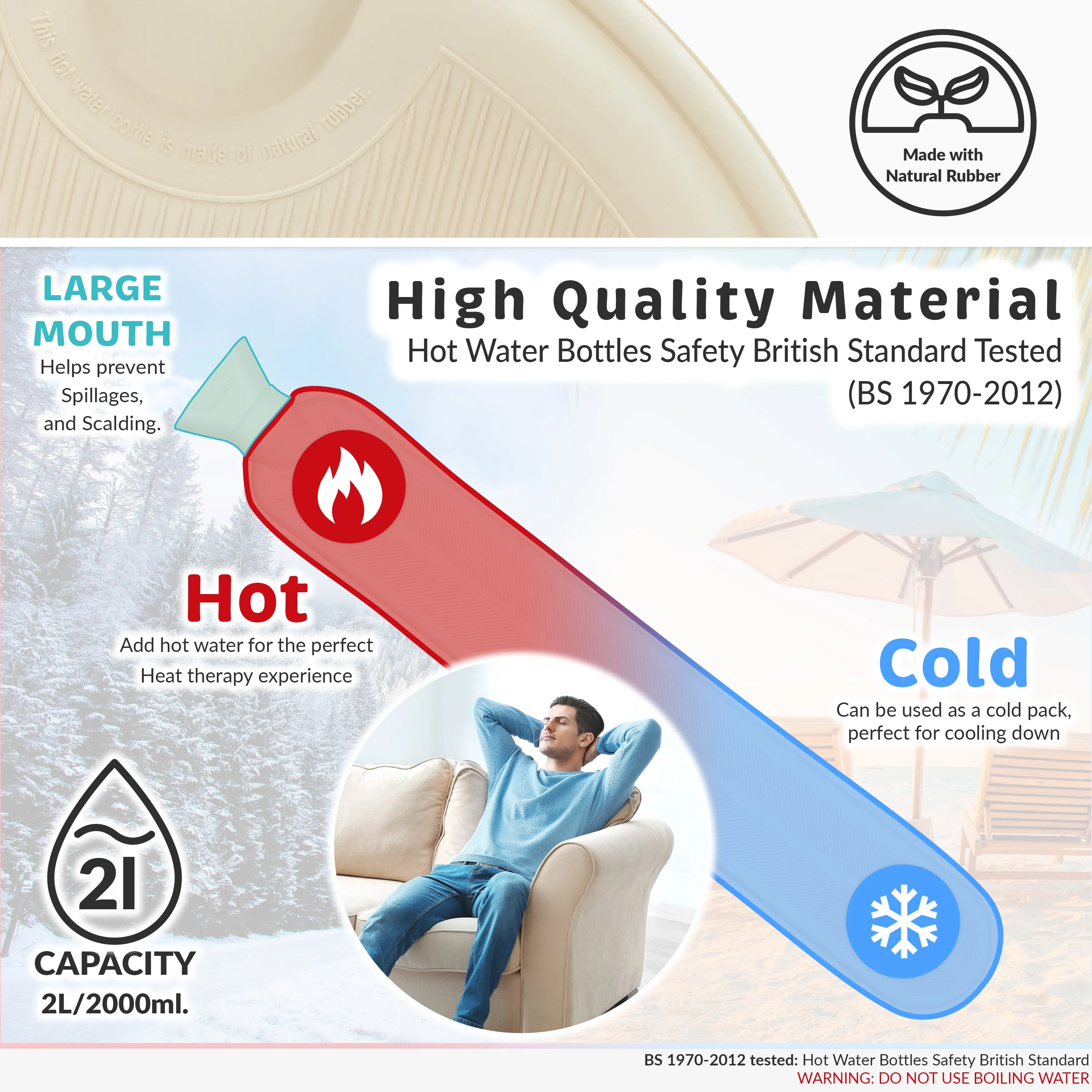 Long Hot Water Bottle 2L - Rubber Hot Water Bottle - Ivory