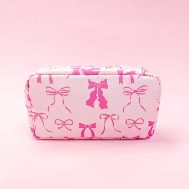 MediumPink Bows Nylon Cosmetic Zipper Bag