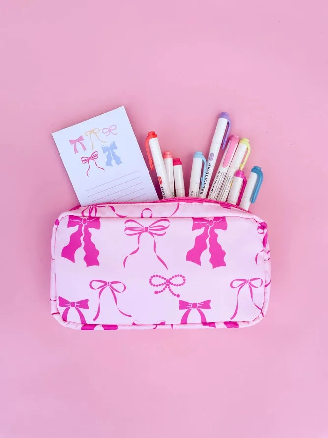 MediumPink Bows Nylon Cosmetic Zipper Bag