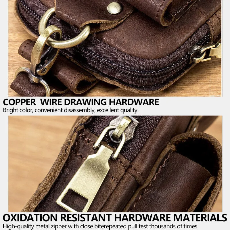 Men Double Layer Cowhide Waist Bag With Hook Retro 5.5 Inch Phone Bag Belt