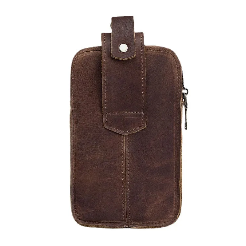 Men Double Layer Cowhide Waist Bag With Hook Retro 5.5 Inch Phone Bag Belt