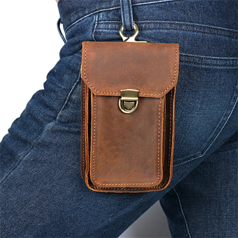 Men Genuine Leather 5.5 6.5 Inch Phone Bag Leather Hanging Waist