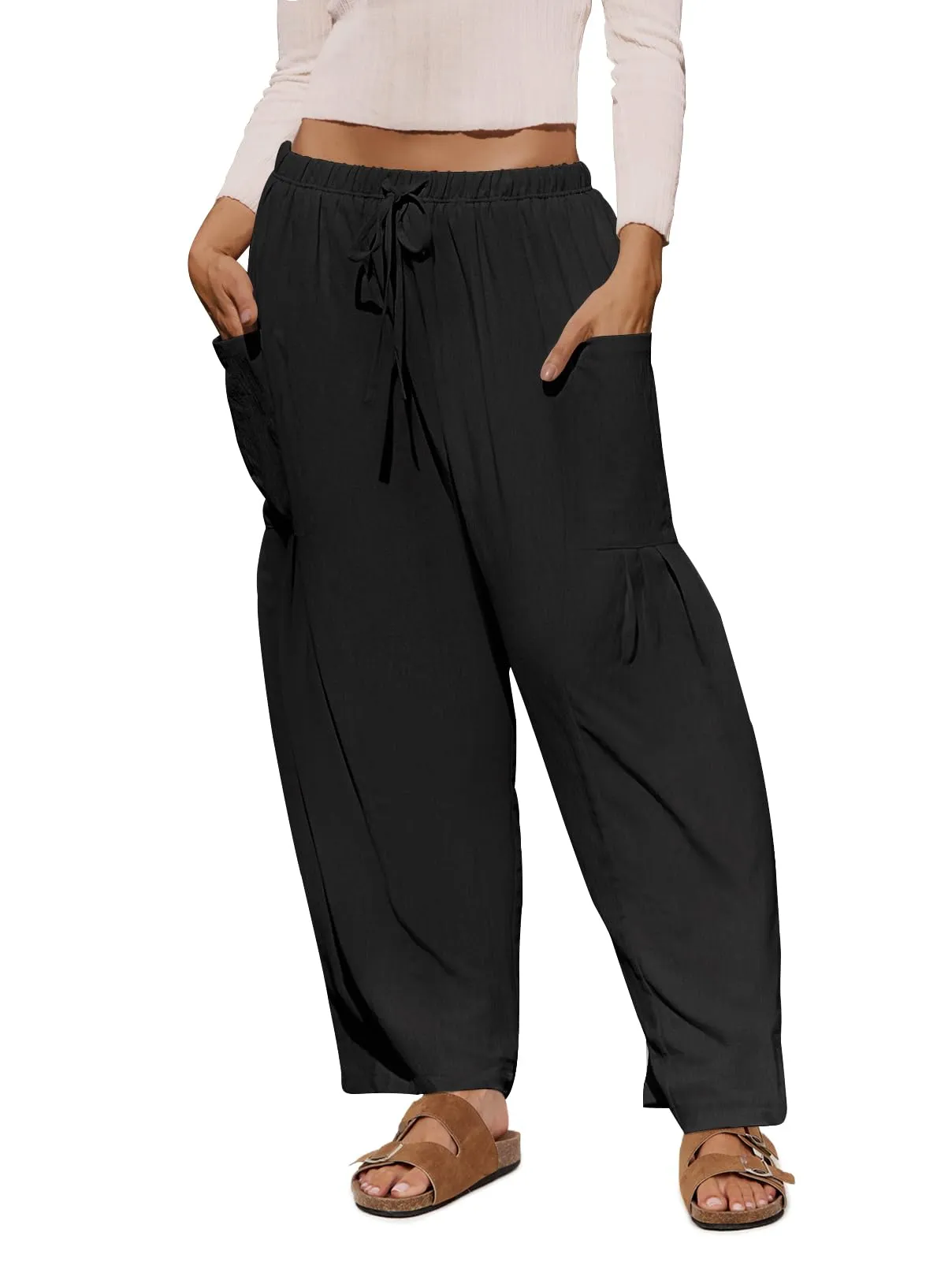 MEROKEETY High Waist Drawstring Loose Wide Leg Pants