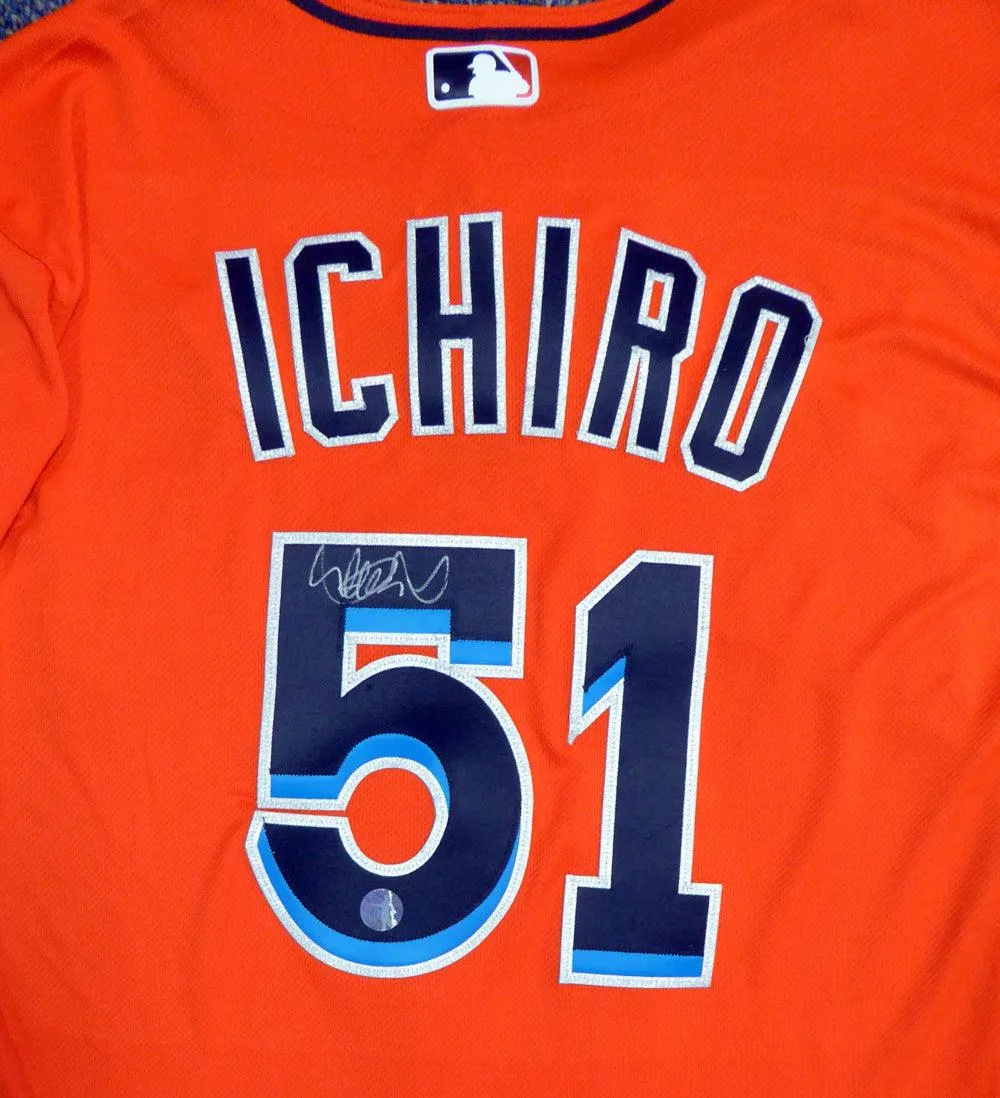 Miami Marlins Ichiro Suzuki Autographed Orange Majestic Authentic Flex Base Jersey Size 44 IS Holo Stock #111456