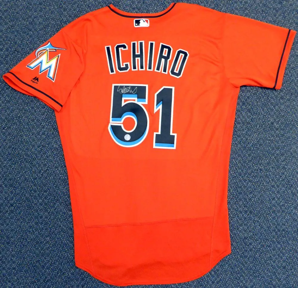 Miami Marlins Ichiro Suzuki Autographed Orange Majestic Authentic Flex Base Jersey Size 44 IS Holo Stock #111456