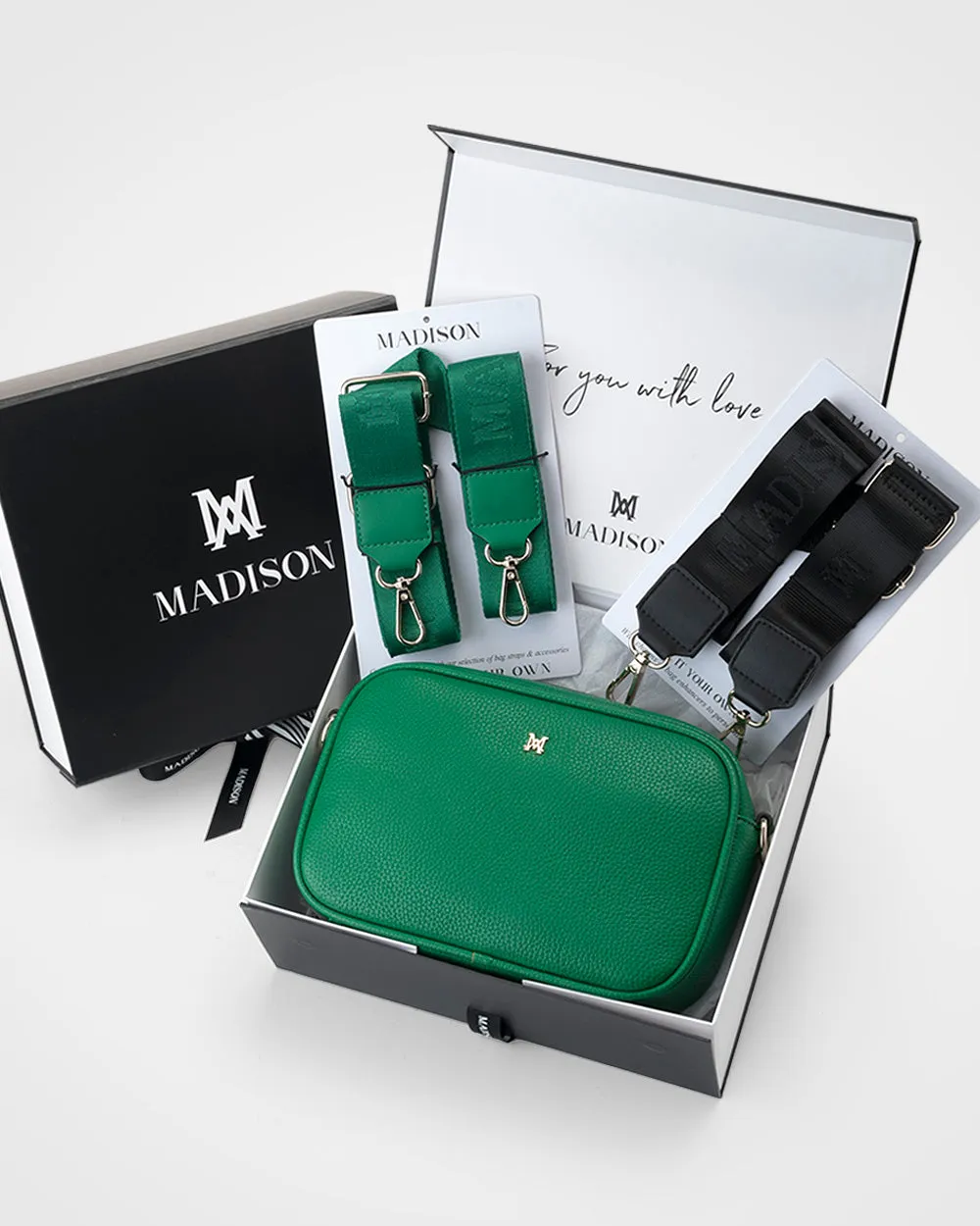 Monica "Wear it 3 Ways" Giftbox - Kelly Green Monogram, Black Monogram, & Matching Bag Strap