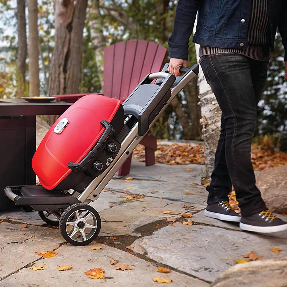 Napoleon TravelQ 285X 2-Burner Propane Grill With Scissor Cart & Griddle Red