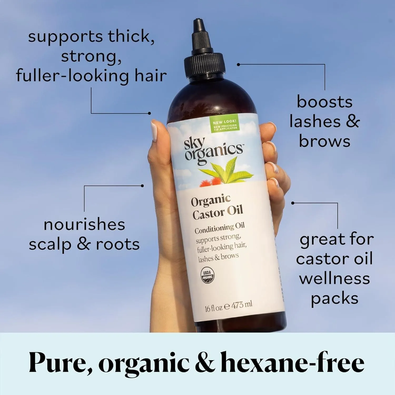 Organic Castor Oil, 100% Pure, Hexane Free, Cold-Pressed to Support Stronger, Fuller-Looking Hair, Eyelashes & Eyebrows,Good for Castor Packs, Navel Oiling, Carrier Oil Use, 16 Fl Oz