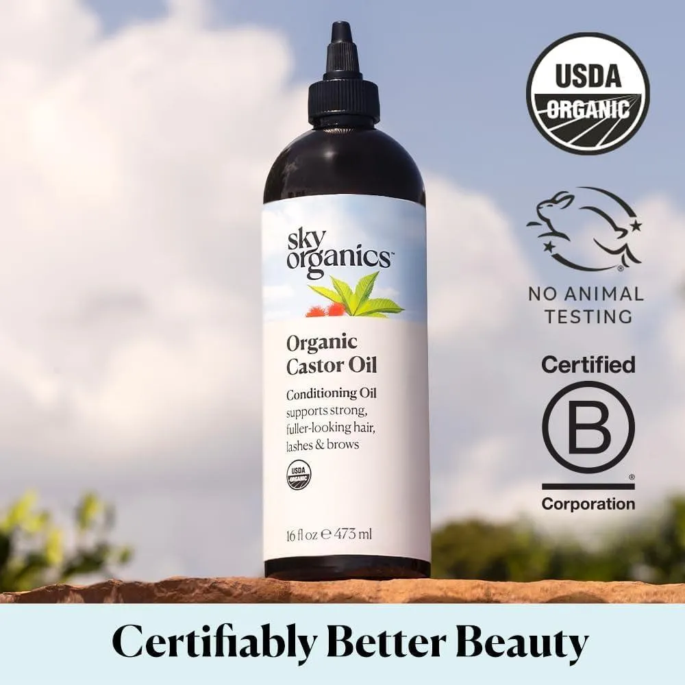 Organic Castor Oil, 100% Pure, Hexane Free, Cold-Pressed to Support Stronger, Fuller-Looking Hair, Eyelashes & Eyebrows,Good for Castor Packs, Navel Oiling, Carrier Oil Use, 16 Fl Oz