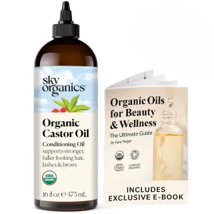 Organic Castor Oil, 100% Pure, Hexane Free, Cold-Pressed to Support Stronger, Fuller-Looking Hair, Eyelashes & Eyebrows,Good for Castor Packs, Navel Oiling, Carrier Oil Use, 16 Fl Oz