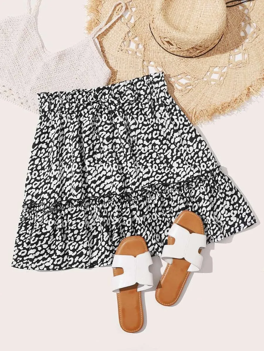 Paperbag Waist Frill Trim Leopard Skirt