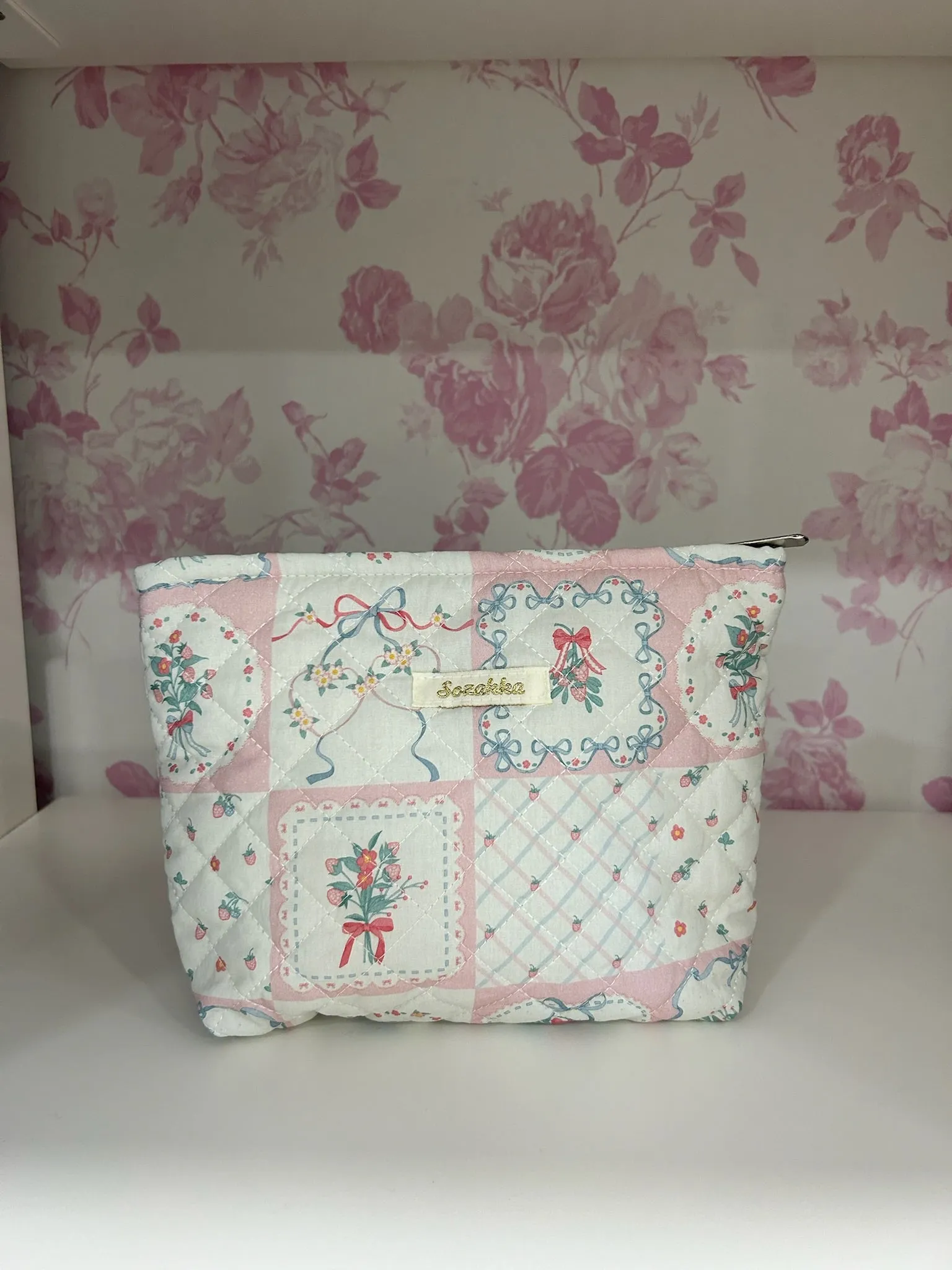 Patch Quilted Pink Makeup Bag