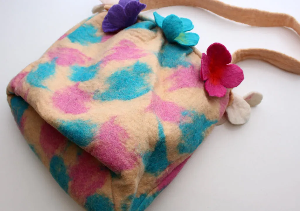 Pink, Blue and Purple Flower Adorned Felt Carry Bag