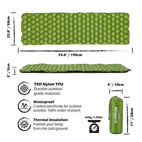 POWERLIX Sleeping Pad - Ultralight Inflatable Sleeping Mat, Ultimate for Camping, Backpacking, Hiking - Airpad, Inflating Bag, Carry Bag, Repair Kit - Compact & Lightweight Air Mattress