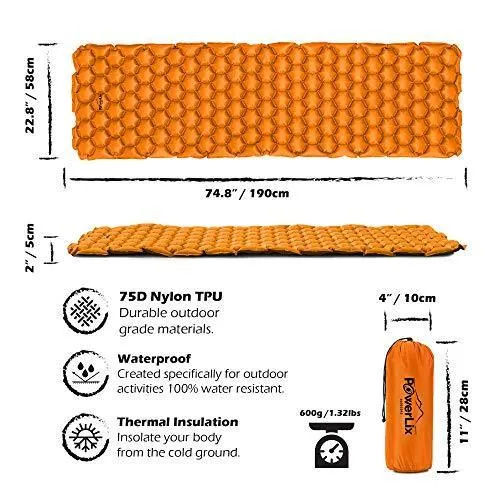 POWERLIX Sleeping Pad - Ultralight Inflatable Sleeping Mat, Ultimate for Camping, Backpacking, Hiking - Airpad, Inflating Bag, Carry Bag, Repair Kit - Compact & Lightweight Air Mattress