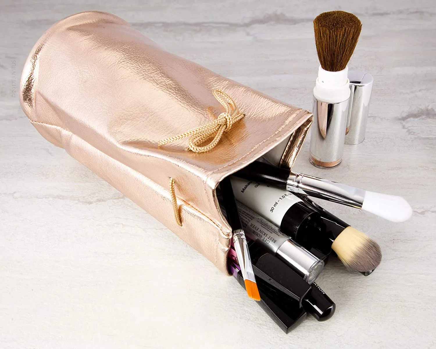 Rose Gold Portable Drawstring Cosmetic, Makeup and Toiletry Bag Pouch â€“ Premium Faux Leather, Small and Portable (JB55)