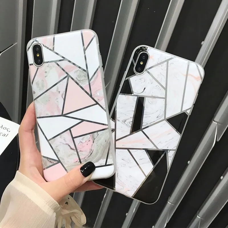 Shining Vintage Geometric Marble Phone Case For iPhone XR XS X XS Max 7 8 6 6S Plus Soft TPU Glitter Laser Marble Back Cover