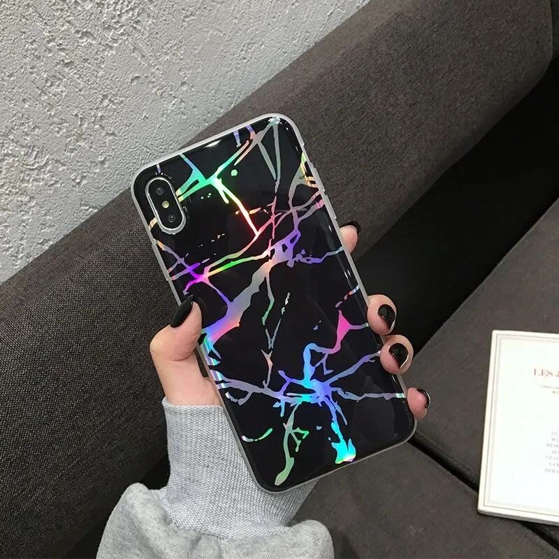 Shining Vintage Geometric Marble Phone Case For iPhone XR XS X XS Max 7 8 6 6S Plus Soft TPU Glitter Laser Marble Back Cover