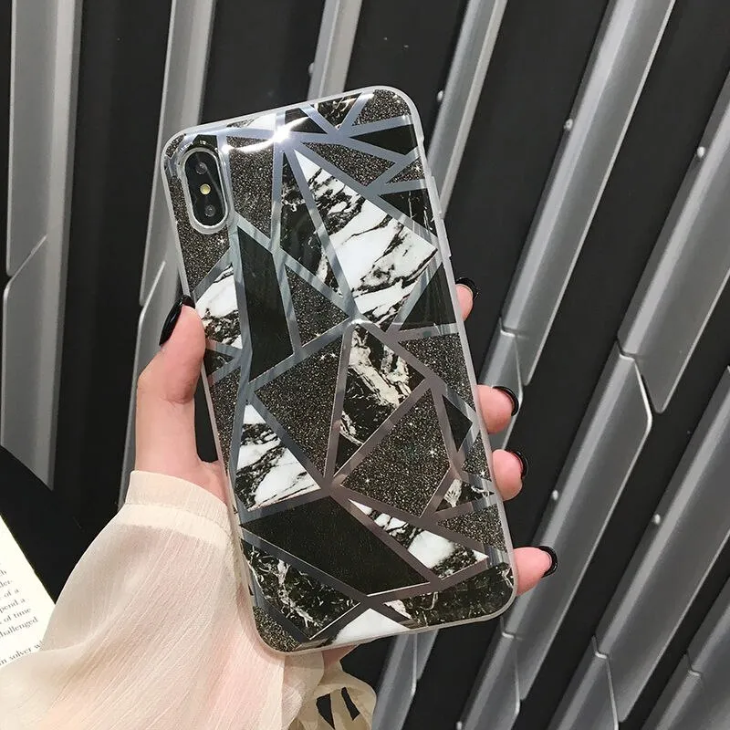 Shining Vintage Geometric Marble Phone Case For iPhone XR XS X XS Max 7 8 6 6S Plus Soft TPU Glitter Laser Marble Back Cover