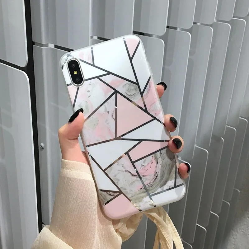 Shining Vintage Geometric Marble Phone Case For iPhone XR XS X XS Max 7 8 6 6S Plus Soft TPU Glitter Laser Marble Back Cover