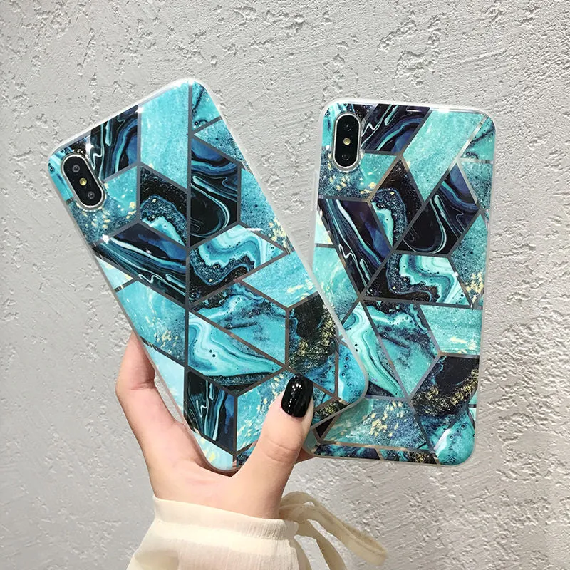 Shining Vintage Geometric Marble Phone Case For iPhone XR XS X XS Max 7 8 6 6S Plus Soft TPU Glitter Laser Marble Back Cover