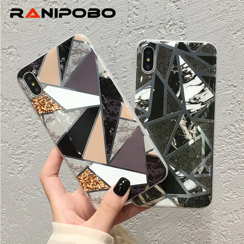 Shining Vintage Geometric Marble Phone Case For iPhone XR XS X XS Max 7 8 6 6S Plus Soft TPU Glitter Laser Marble Back Cover