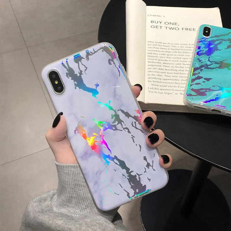 Shining Vintage Geometric Marble Phone Case For iPhone XR XS X XS Max 7 8 6 6S Plus Soft TPU Glitter Laser Marble Back Cover