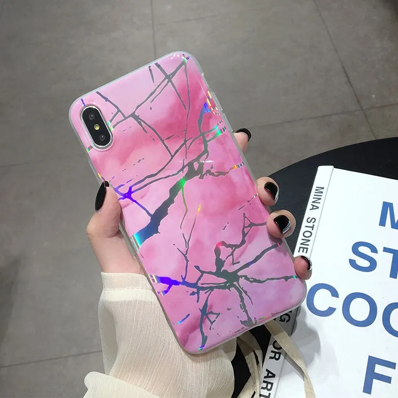 Shining Vintage Geometric Marble Phone Case For iPhone XR XS X XS Max 7 8 6 6S Plus Soft TPU Glitter Laser Marble Back Cover