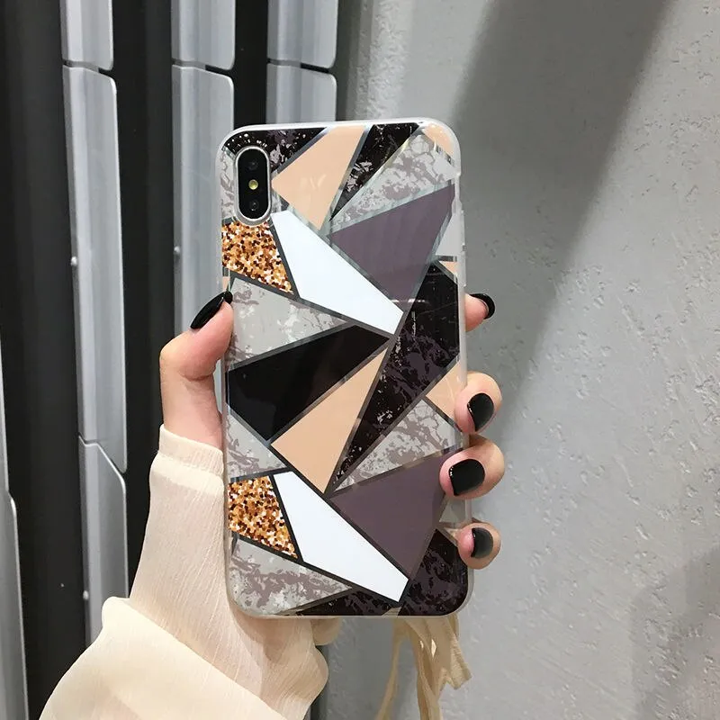 Shining Vintage Geometric Marble Phone Case For iPhone XR XS X XS Max 7 8 6 6S Plus Soft TPU Glitter Laser Marble Back Cover