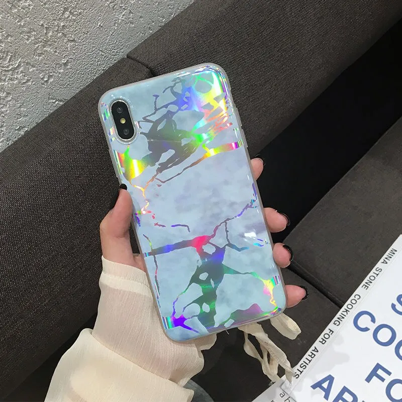 Shining Vintage Geometric Marble Phone Case For iPhone XR XS X XS Max 7 8 6 6S Plus Soft TPU Glitter Laser Marble Back Cover