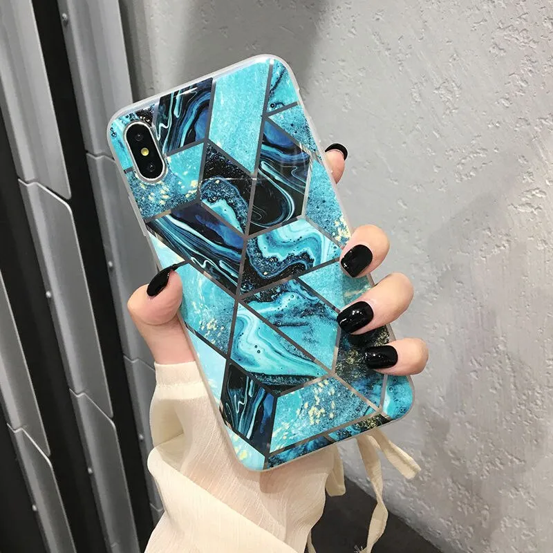 Shining Vintage Geometric Marble Phone Case For iPhone XR XS X XS Max 7 8 6 6S Plus Soft TPU Glitter Laser Marble Back Cover