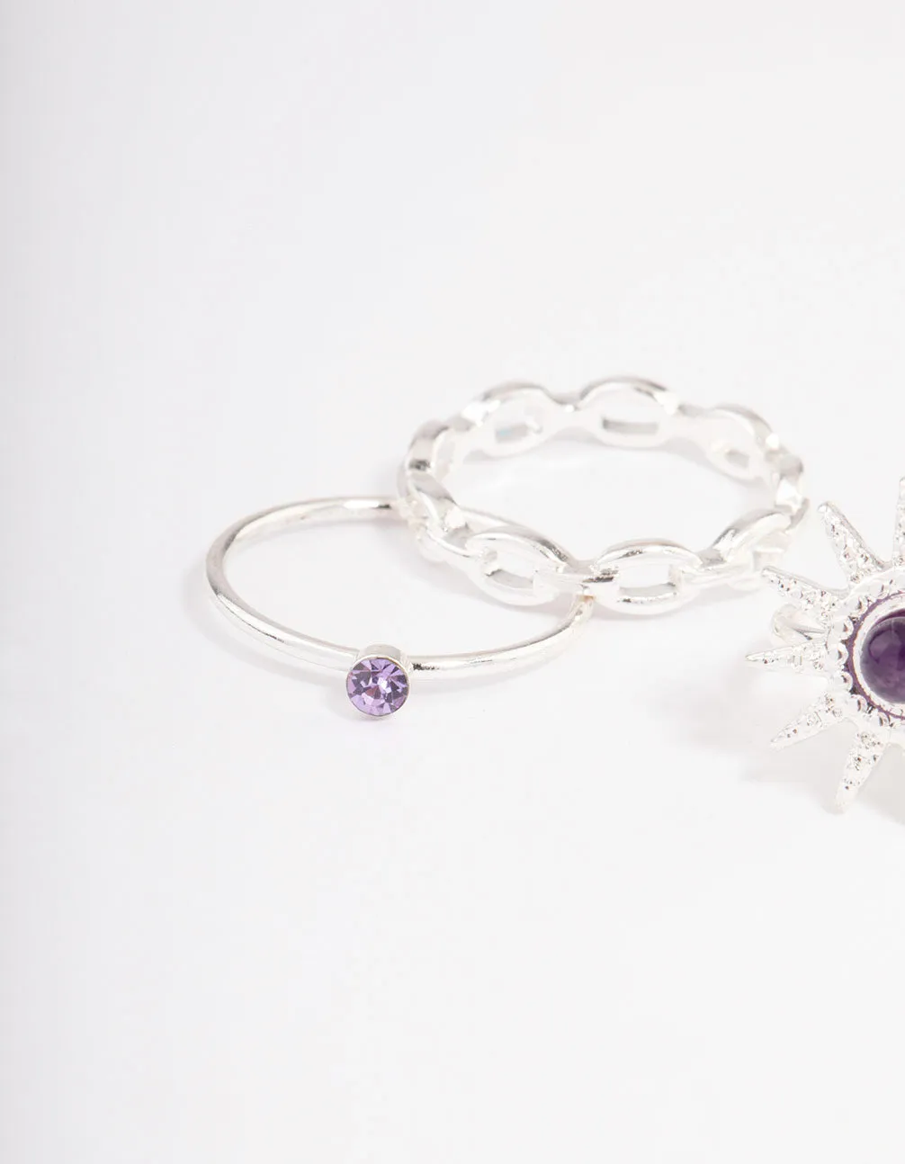 Silver Amethyst Cluster Chain Ring Pack