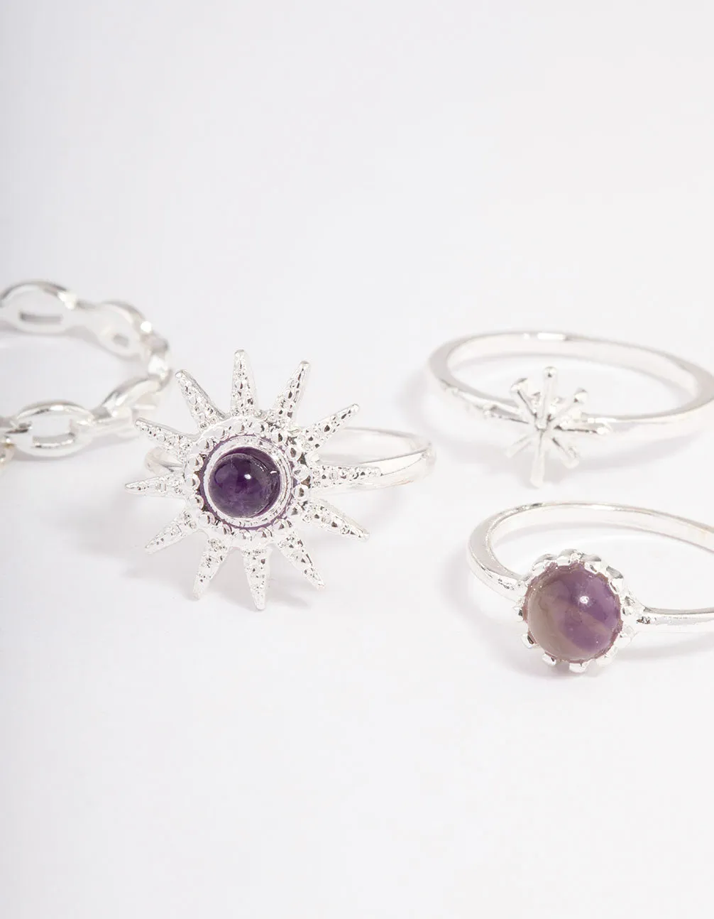 Silver Amethyst Cluster Chain Ring Pack